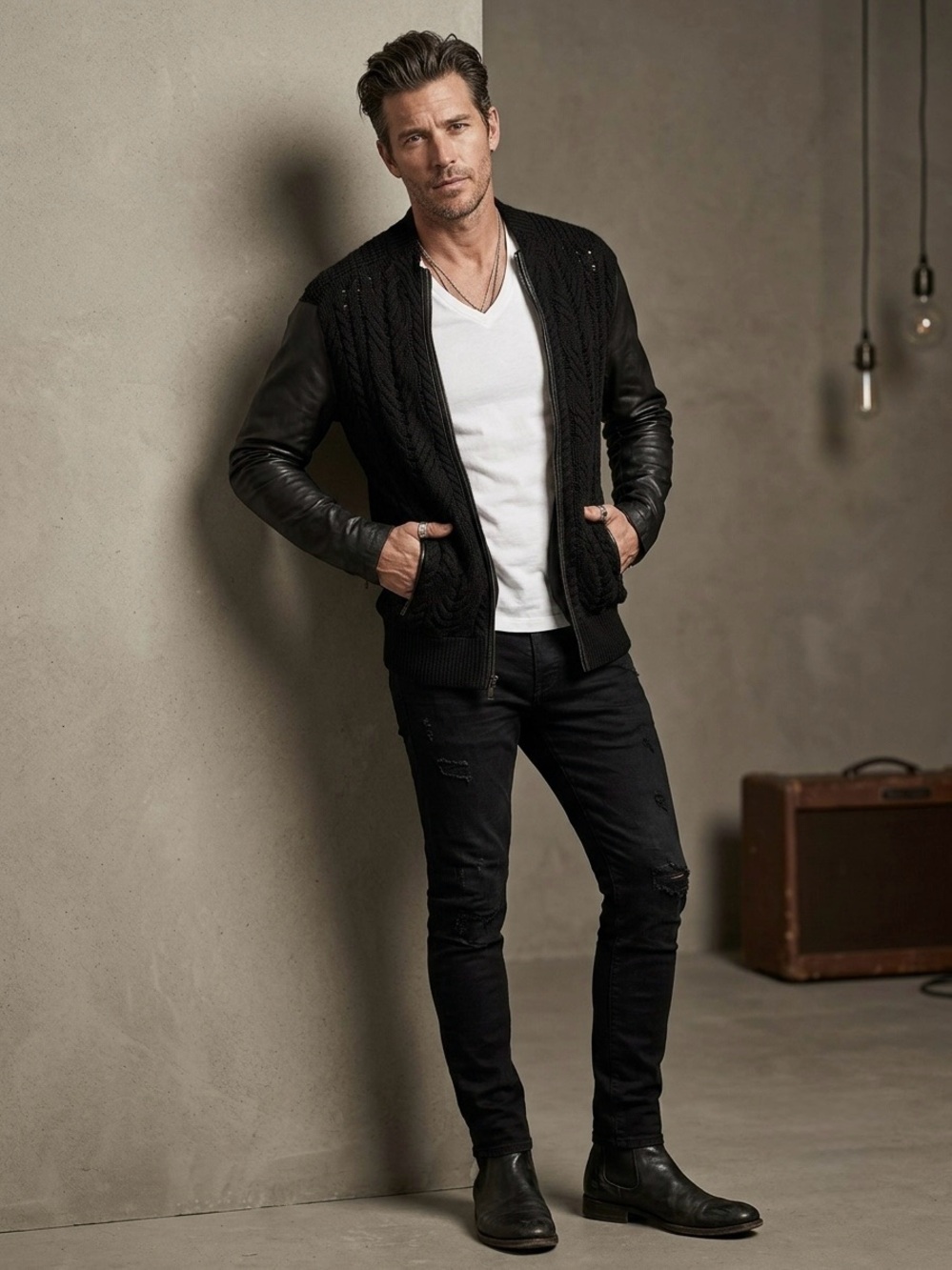 John Varvatos Leather Sleeve Cardigan Size medium